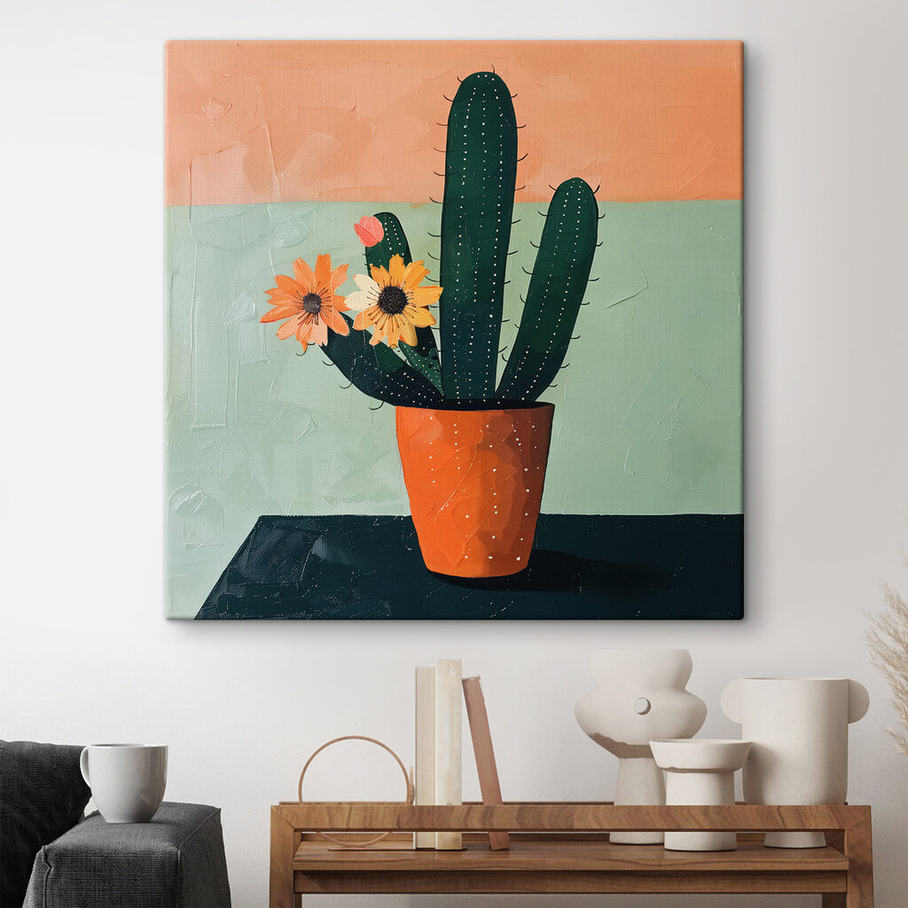 Painting of a cactus with flowers in a pot Painting of a cactus with flowers in a pot