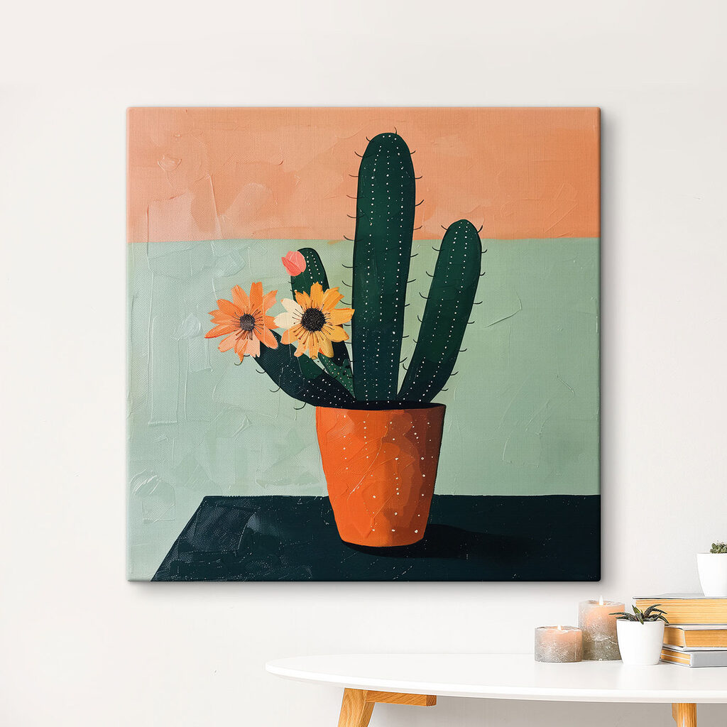 Painting of a cactus with flowers in a pot Painting of a cactus with flowers in a pot