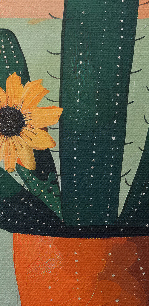 Painting of a cactus with flowers in a pot Painting of a cactus with flowers in a pot