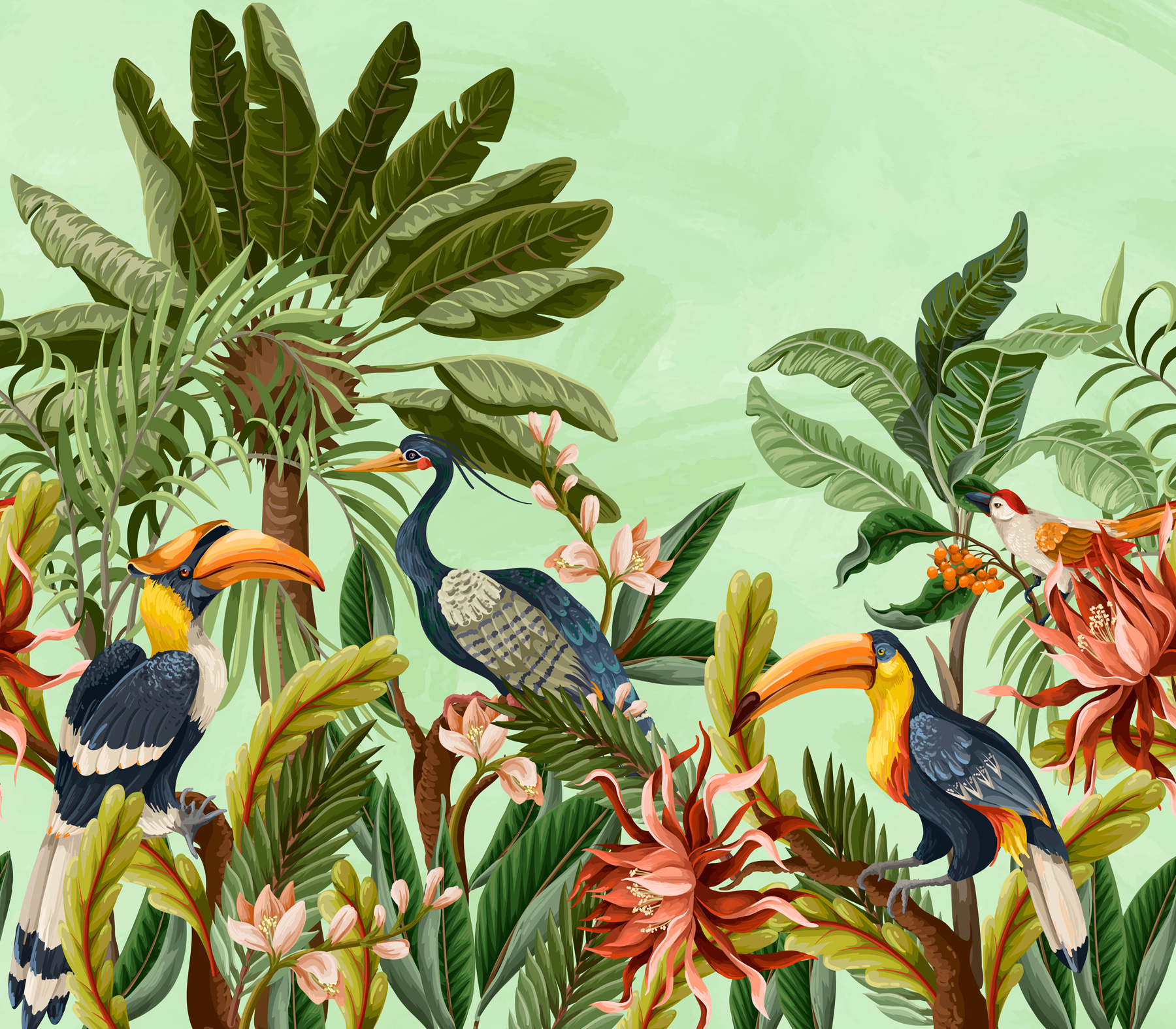 Group of birds and flowers