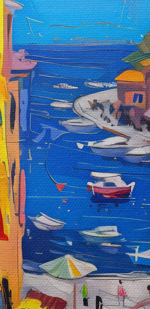 Painting of a city with boats and people