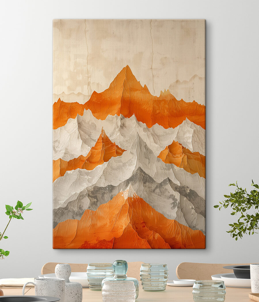 Maľba hôr v oranžovej a bielej farbe