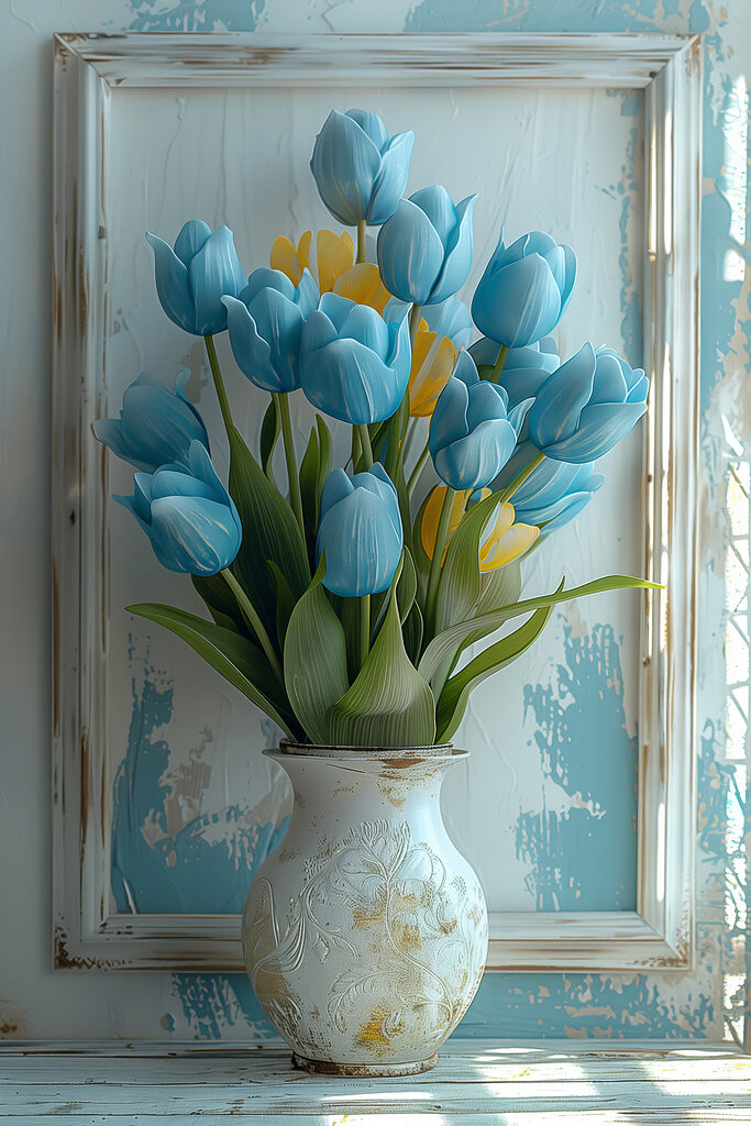 Vase of blue and yellow tulips