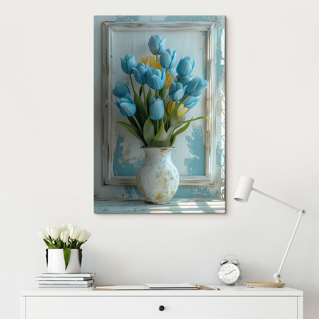 Vase of blue and yellow tulips