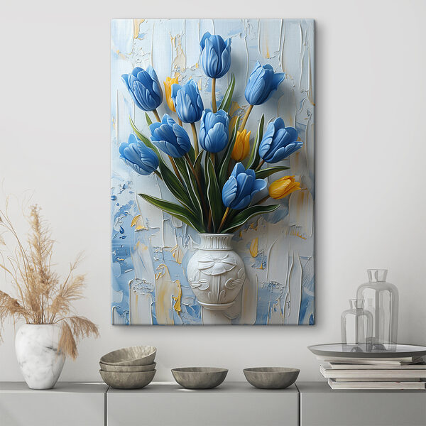 Váza s modrými tulipánmi Váza s modrými tulipánmi