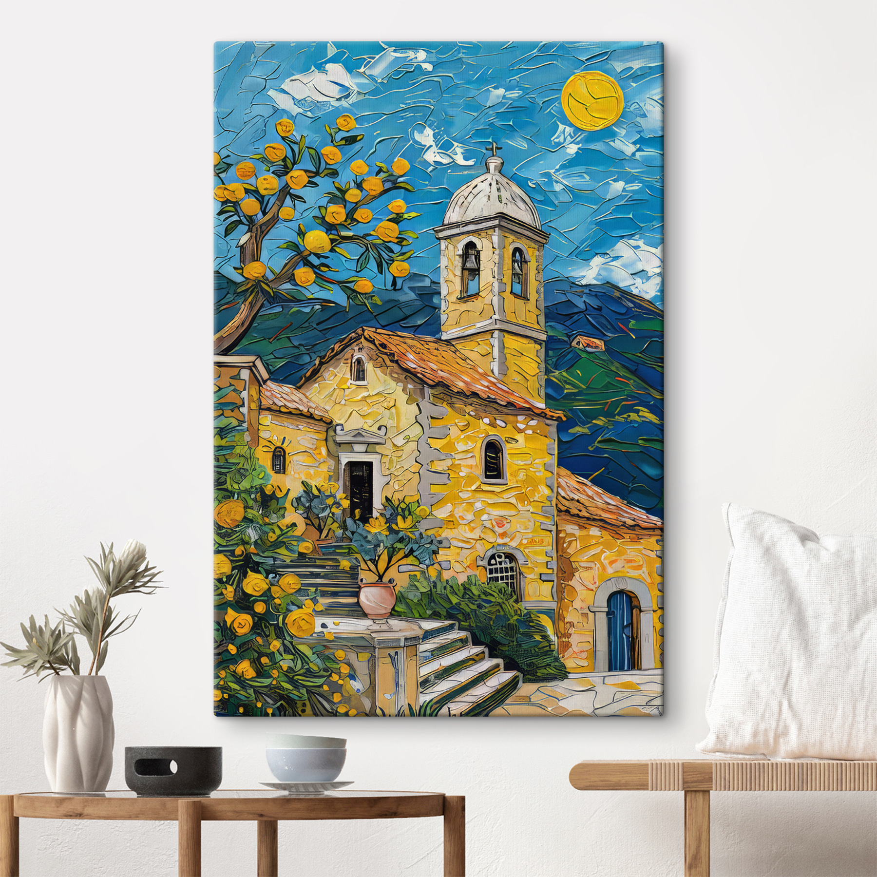 Painting of a building with a bell tower