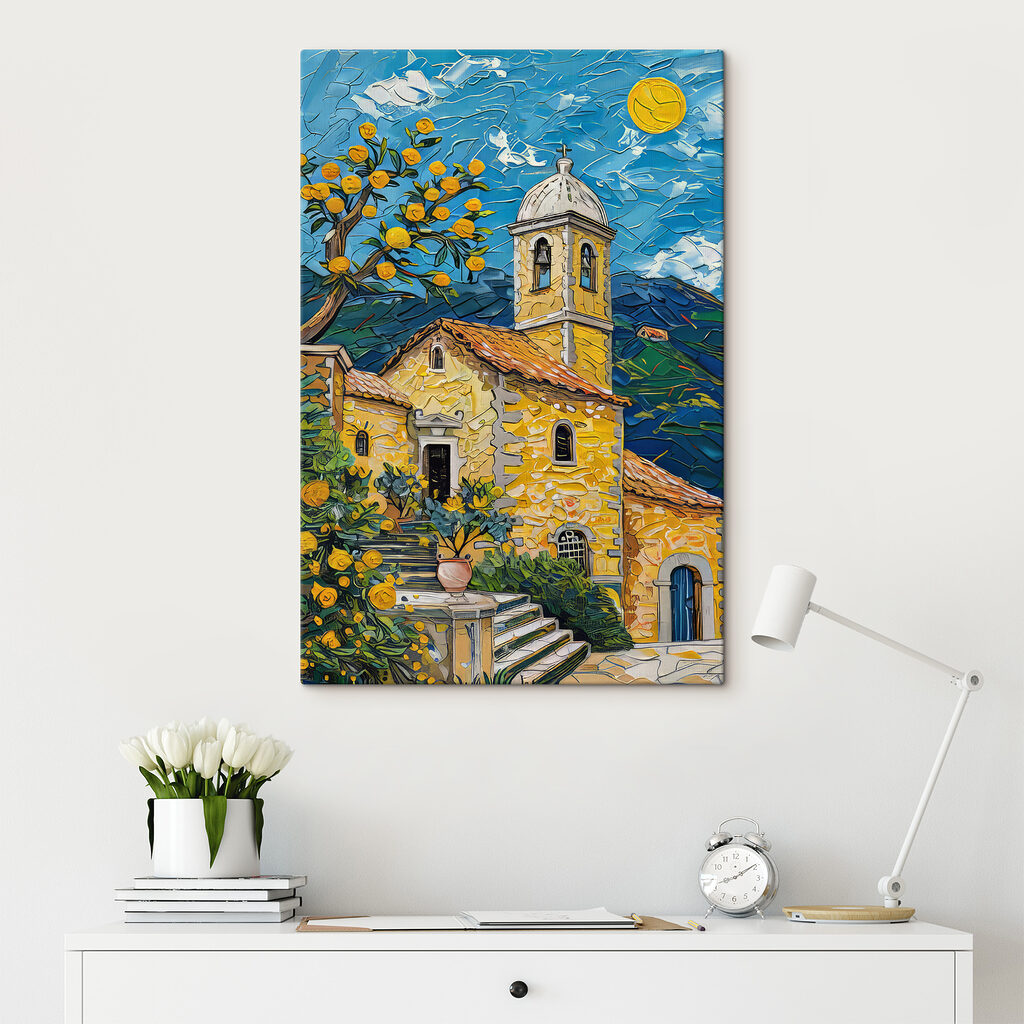 Painting of a building with a bell tower