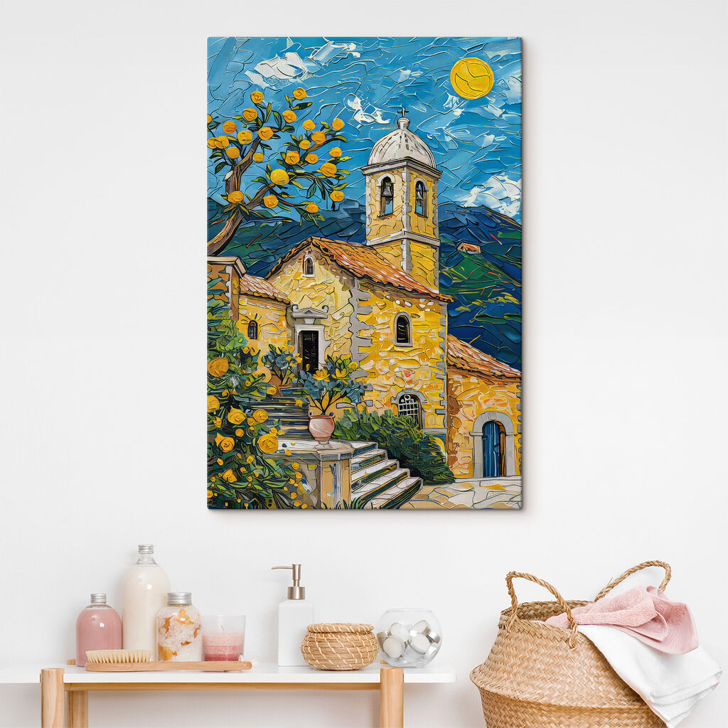 Painting of a building with a bell tower