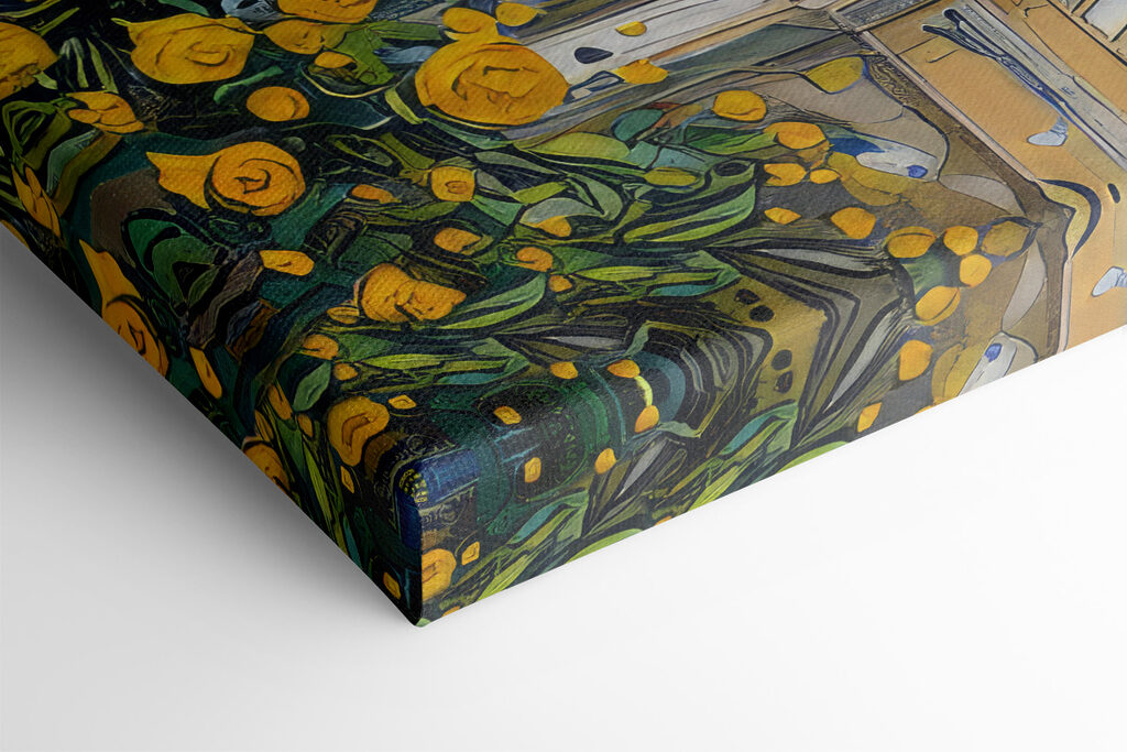 Painting of a building with a bell tower