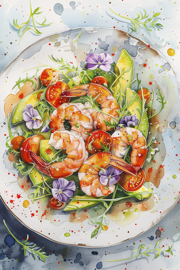 Watercolor painting of a plate of shrimp and avocado Watercolor painting of a plate of shrimp and avocado