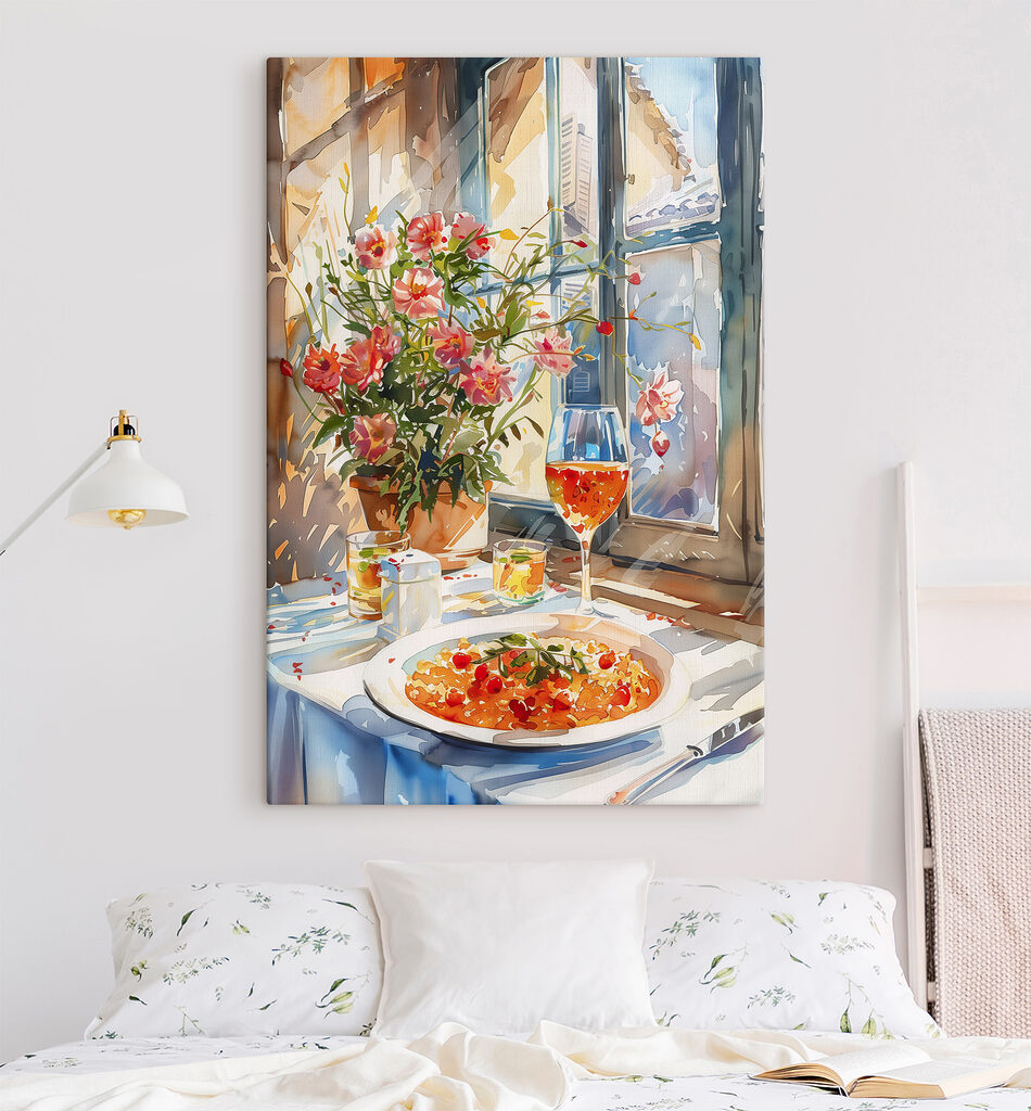 Watercolor painting of a table with food and flowers Watercolor painting of a table with food and flowers