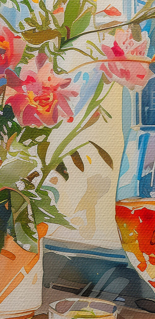 Watercolor painting of a table with food and flowers Watercolor painting of a table with food and flowers