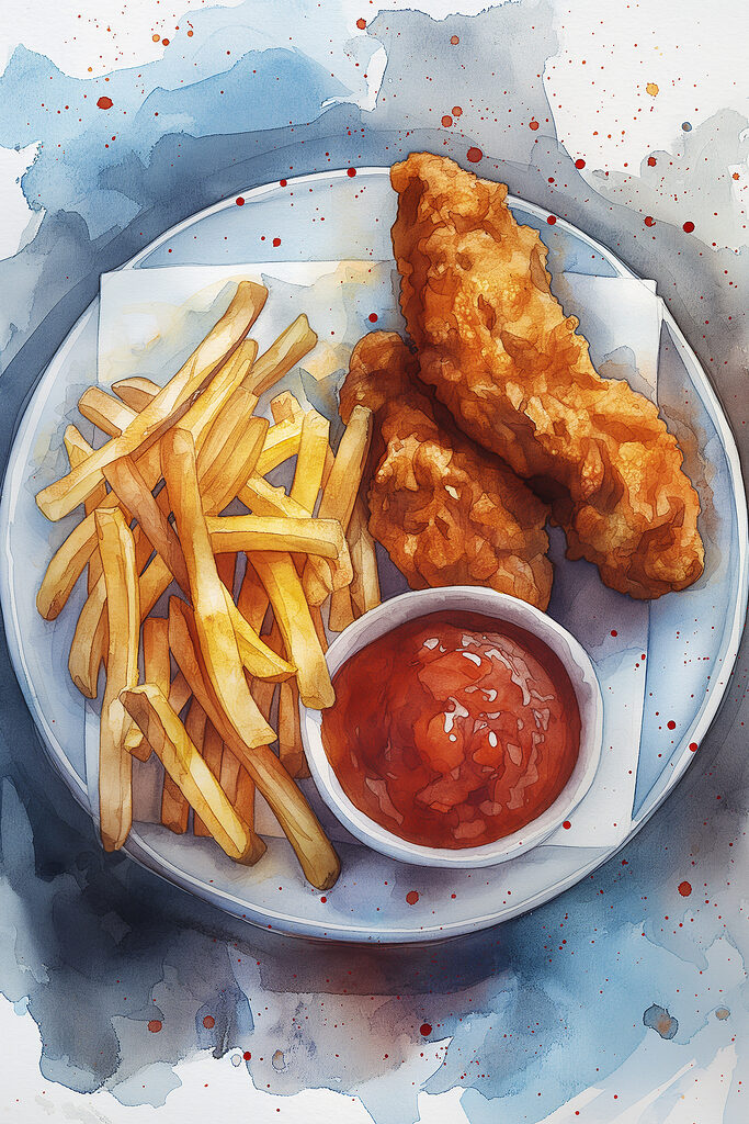 Plate of chicken strips and fries Plate of chicken strips and fries