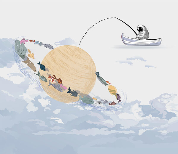 Cartoon of a planet with fish in it Cartoon of a planet with fish in it