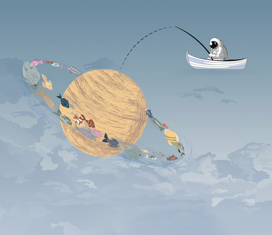 Karikatúra muža loviaceho ryby v člne na oblohe