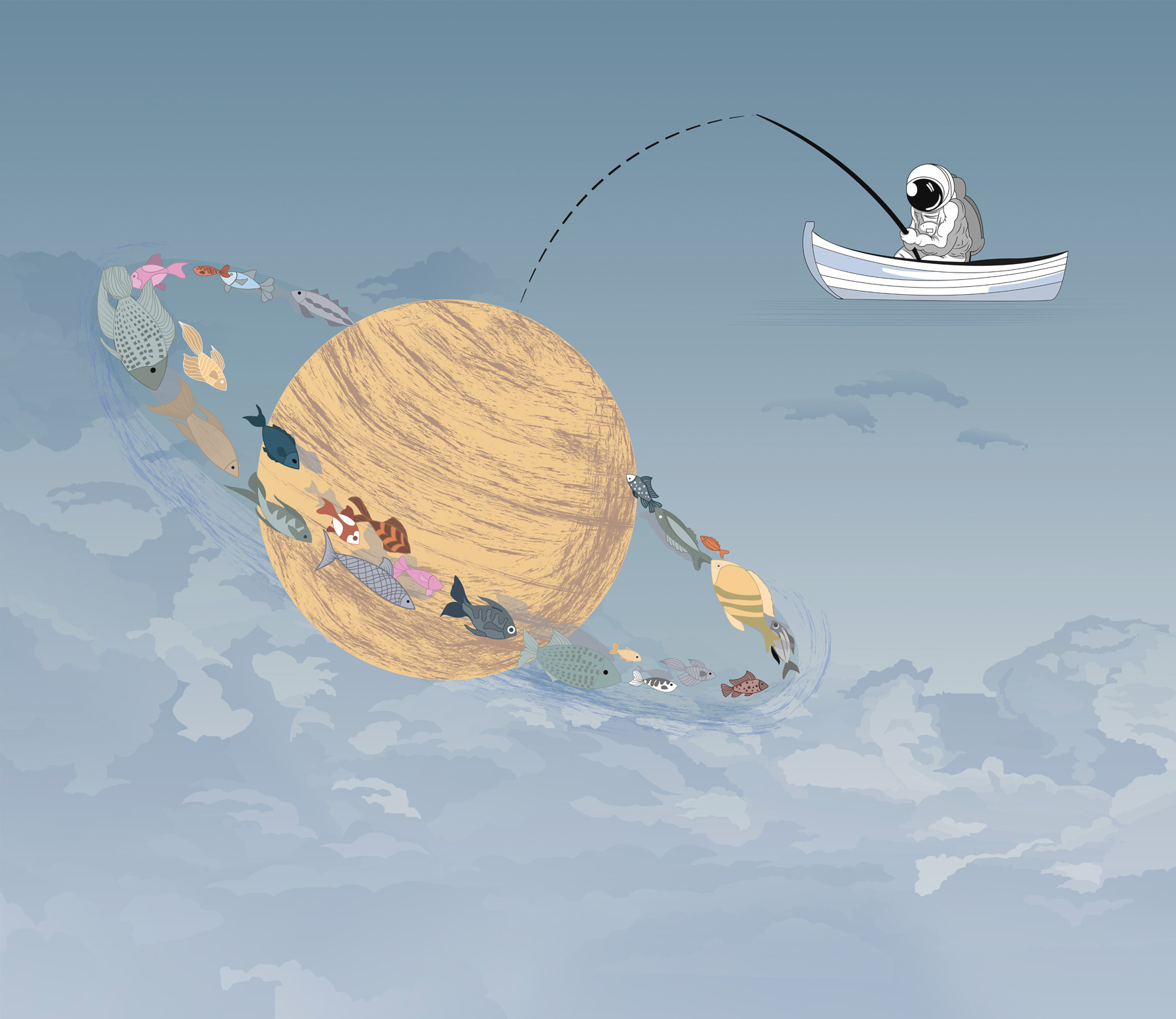 Cartoon of a man fishing in a boat in the sky