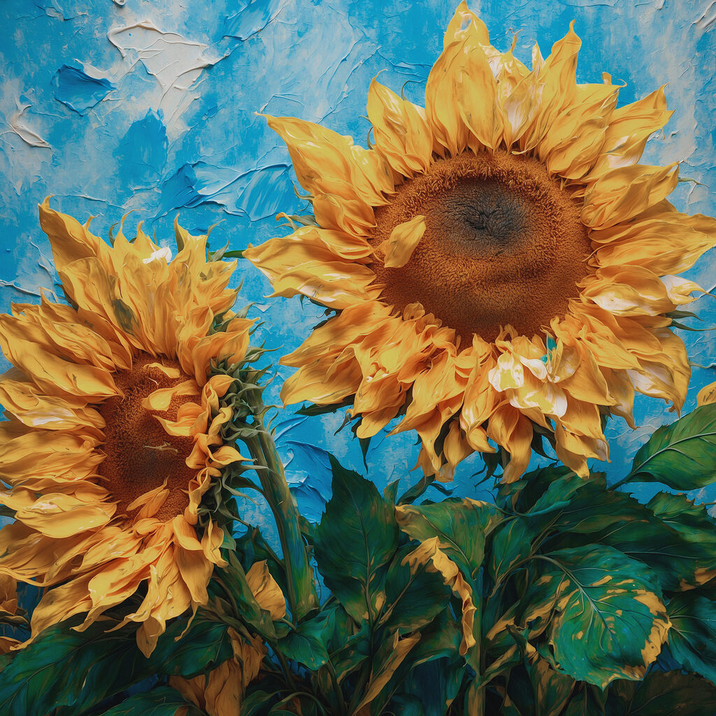 Sunflowers basking in bright blue