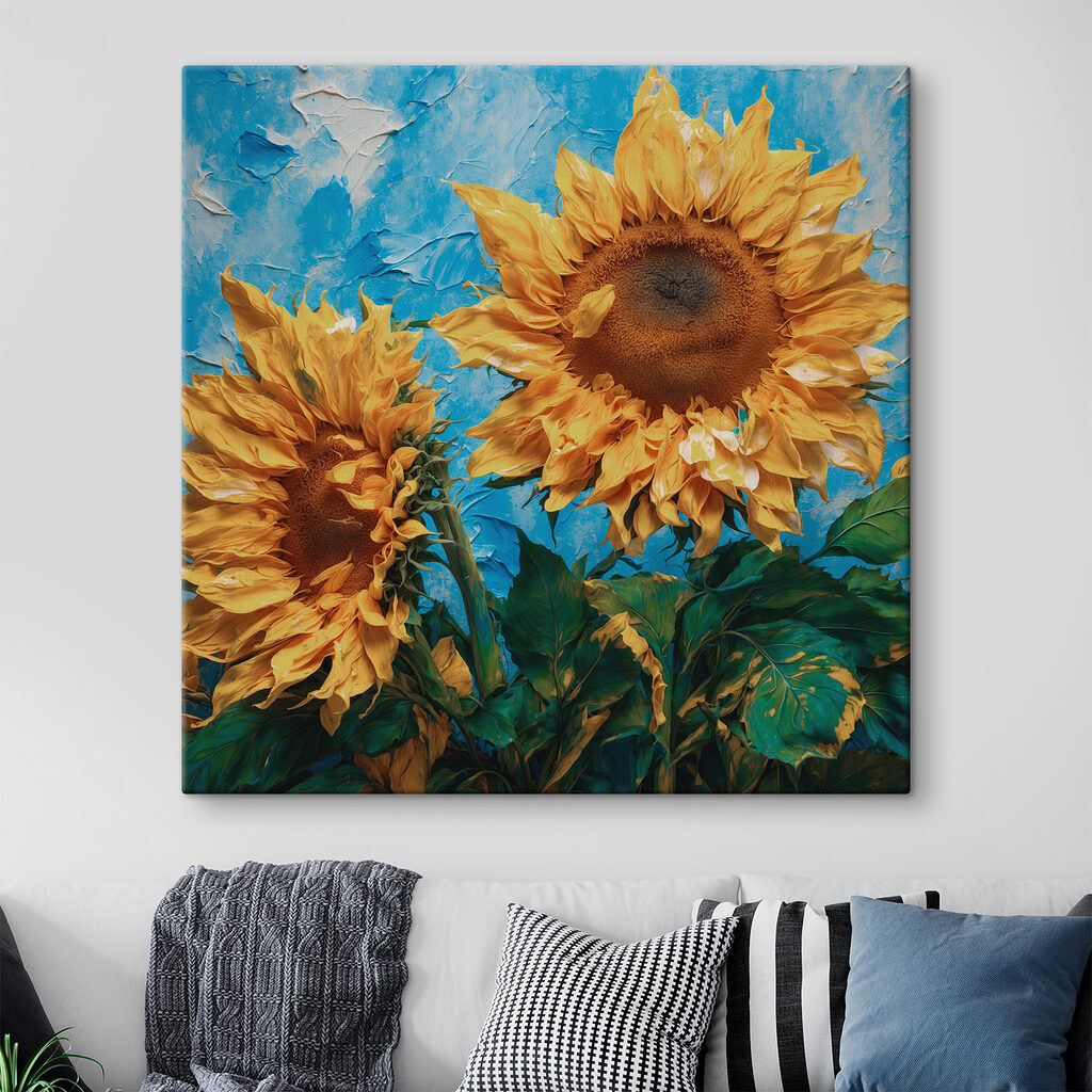 Sunflowers basking in bright blue