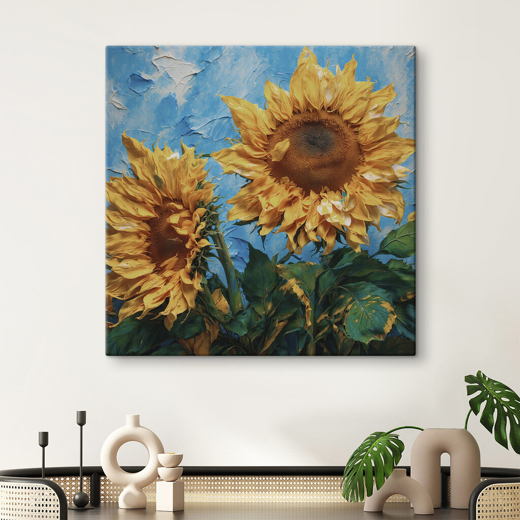Sunflowers basking in bright blue