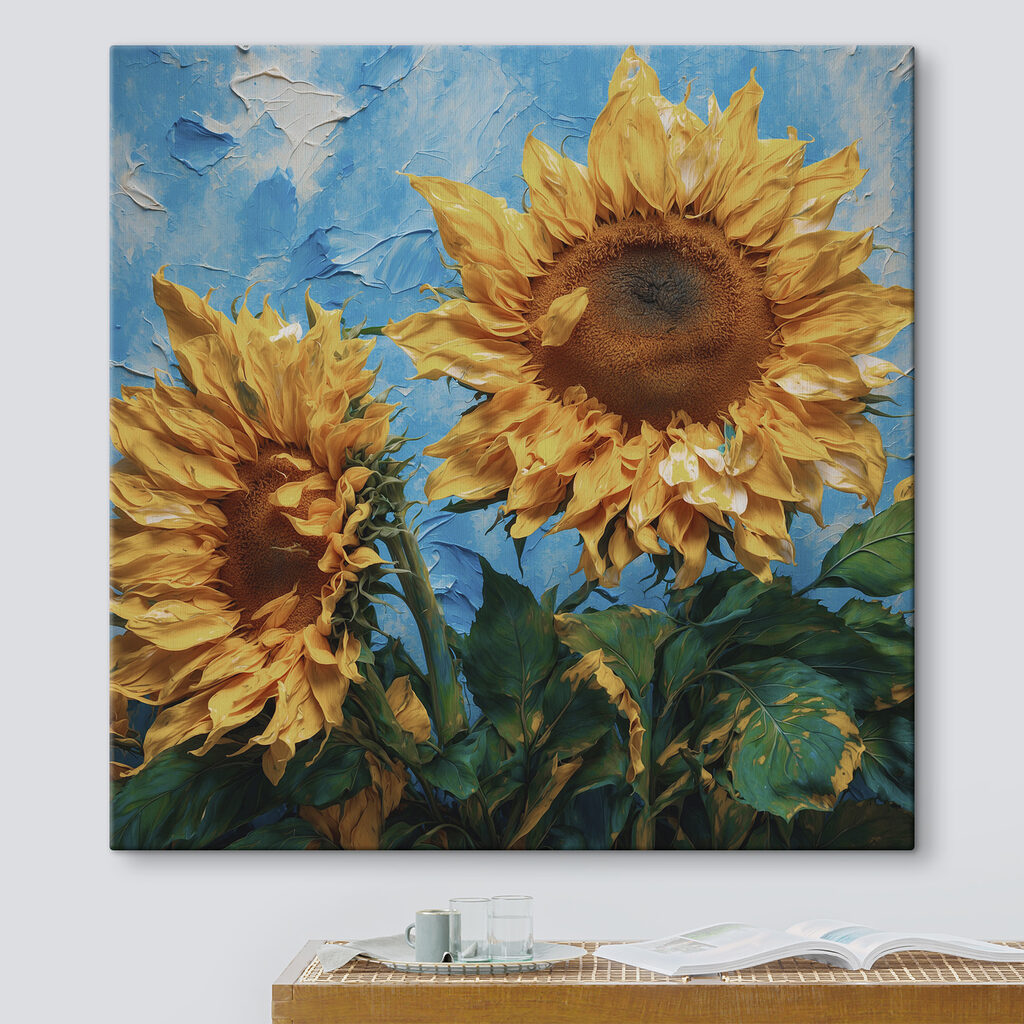 Sunflowers basking in bright blue