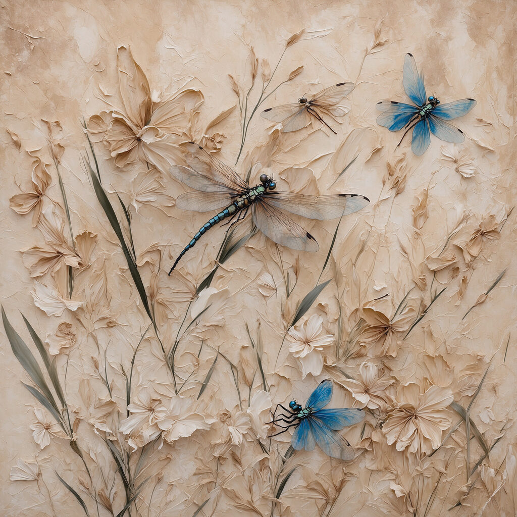 Dragonflies and flowers on a wall