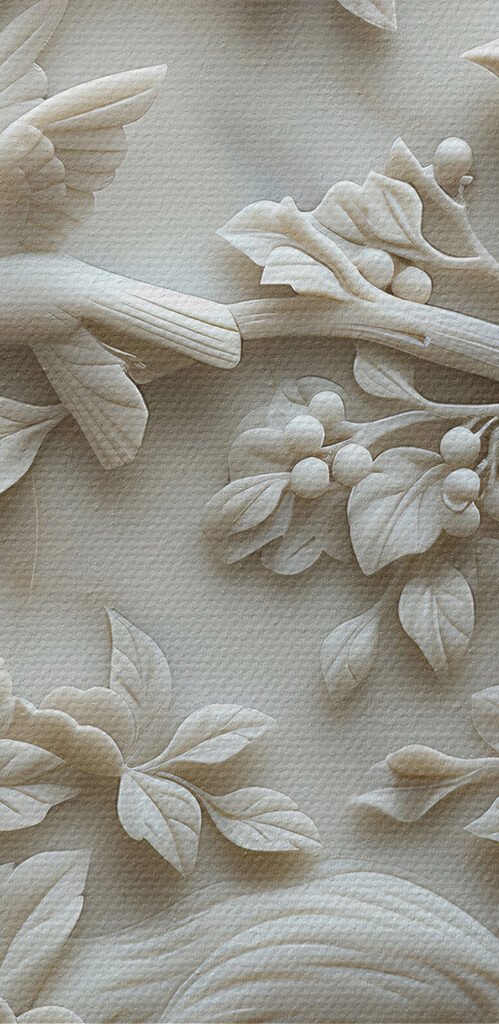 White sculpture of birds and flowers