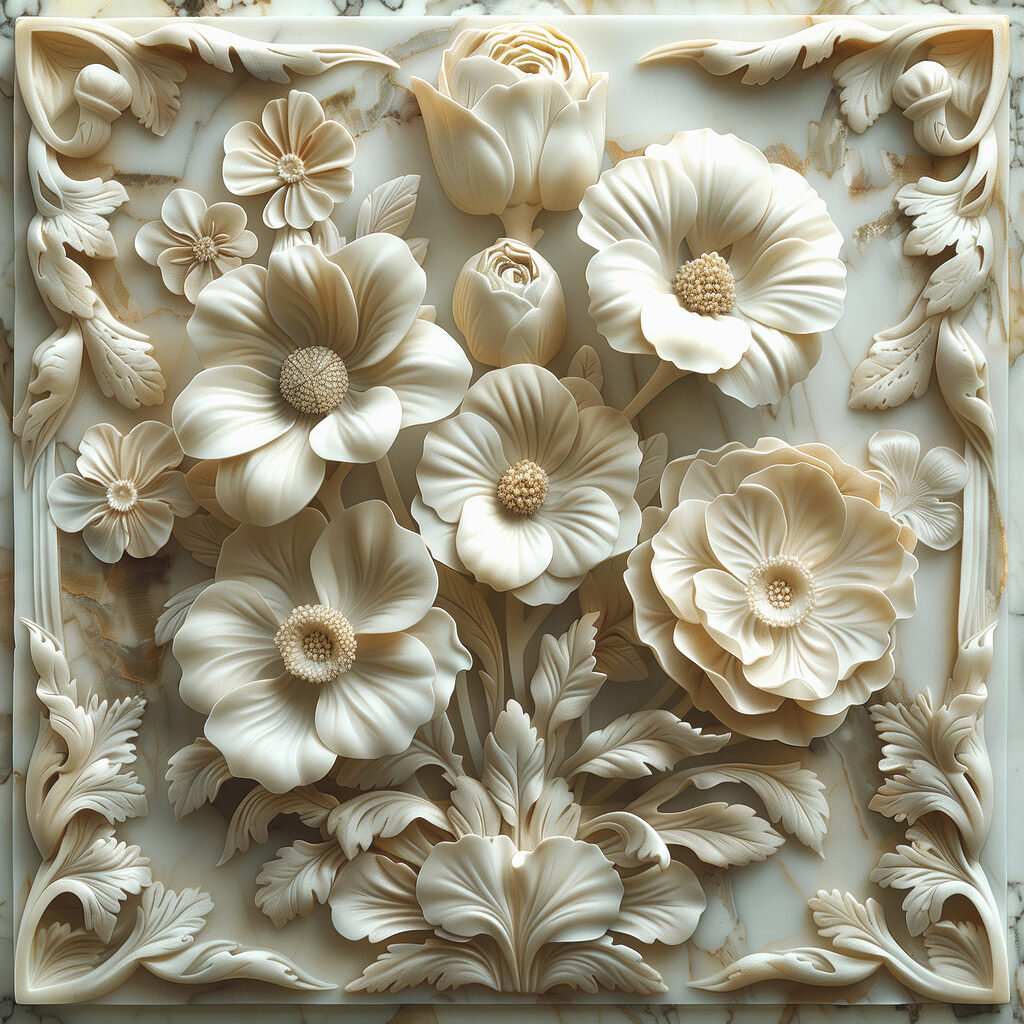 White flower carving on a marble surface