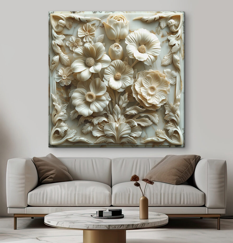White flower carving on a marble surface