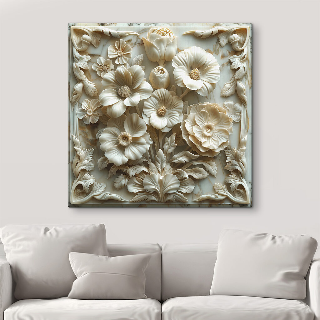 White flower carving on a marble surface