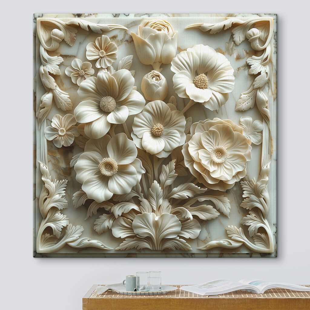 White flower carving on a marble surface