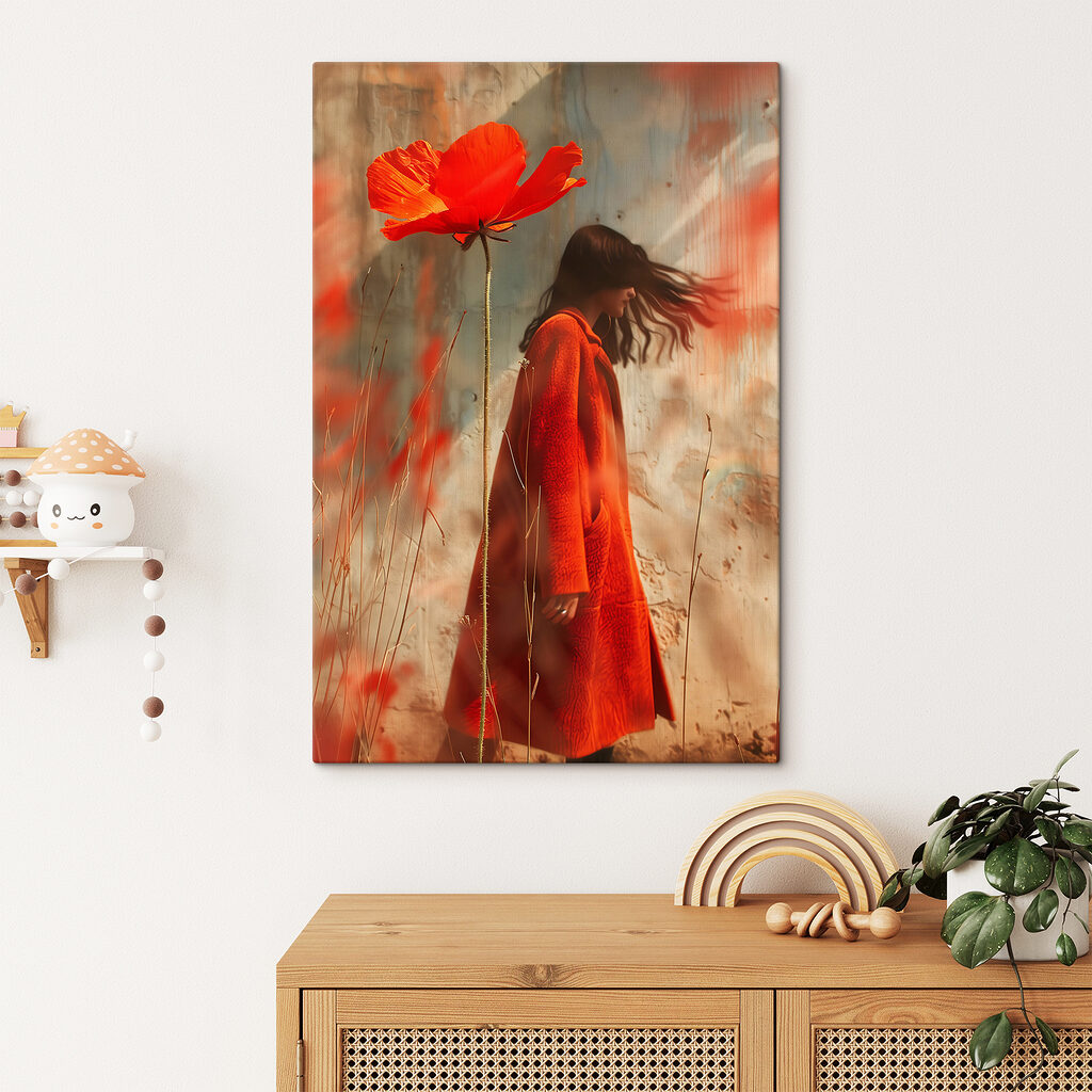 Woman in a red coat and a large flower Woman in a red coat and a large flower