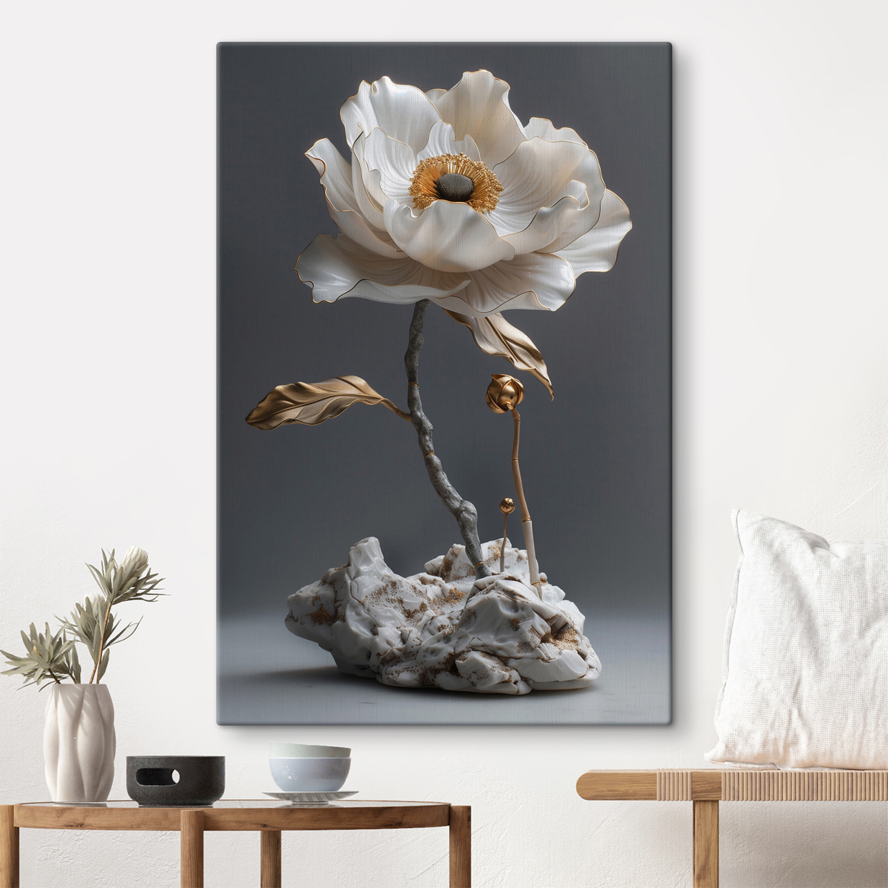 Elegant porcelain flower sculpture on display Elegant porcelain flower sculpture on display