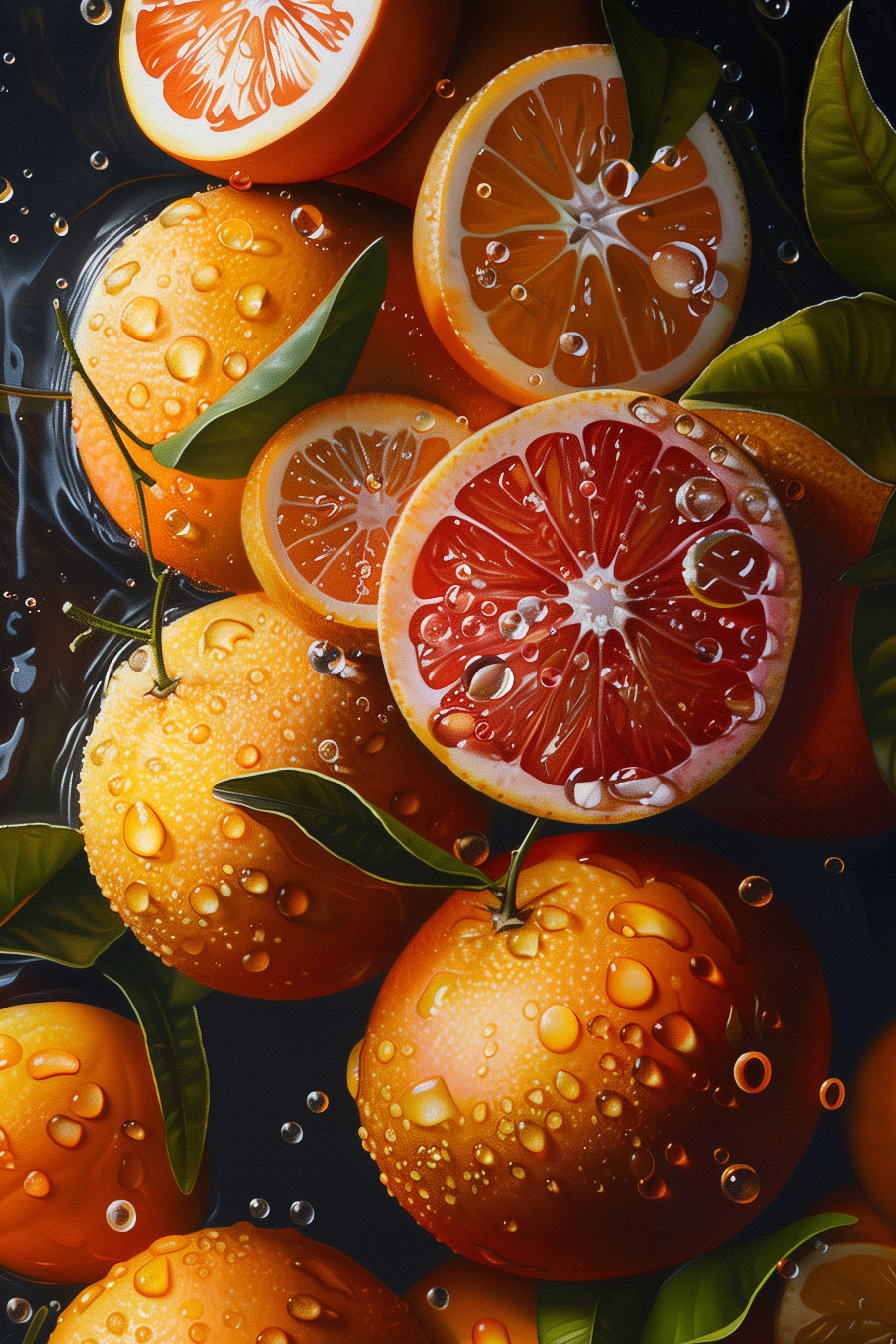 Group of oranges with water drops on them