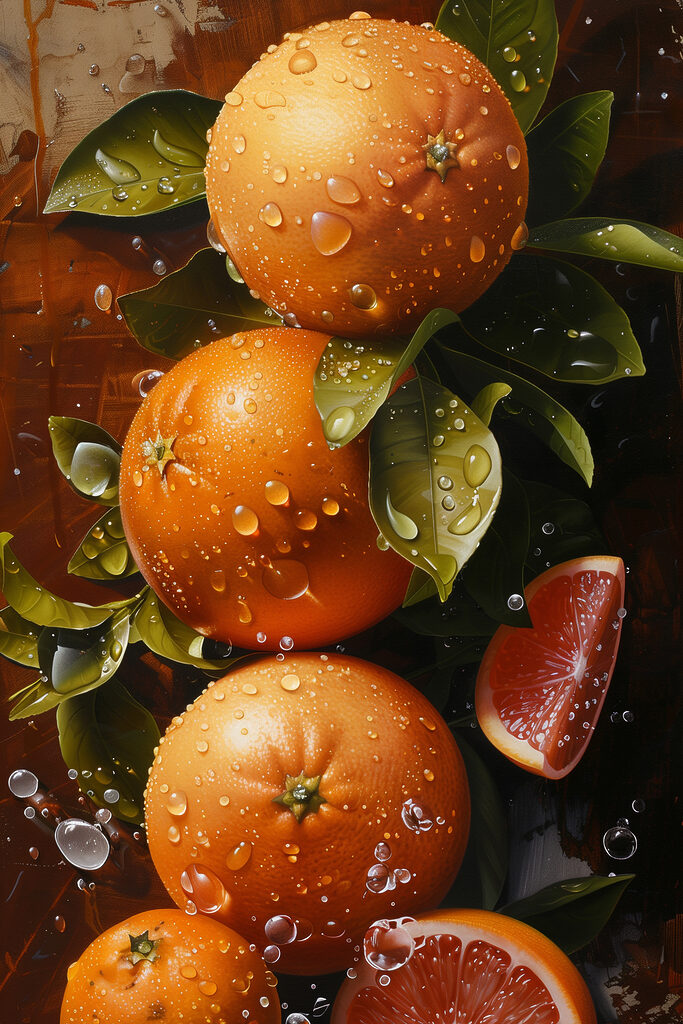 Group of oranges with leaves and slices of orange