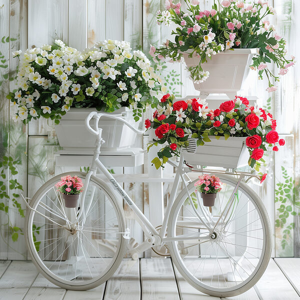 Bicykel s kvetmi v košíkoch Bicykel s kvetmi v košíkoch