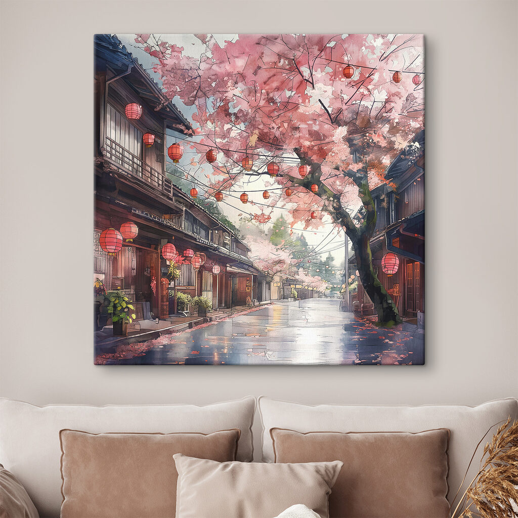Street with pink lanterns and trees Street with pink lanterns and trees