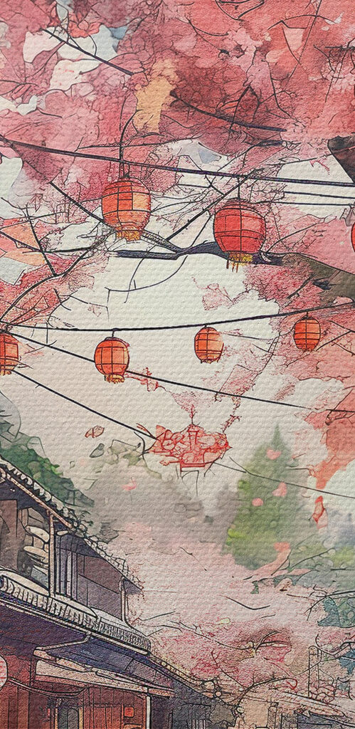 Street with pink lanterns and trees Street with pink lanterns and trees