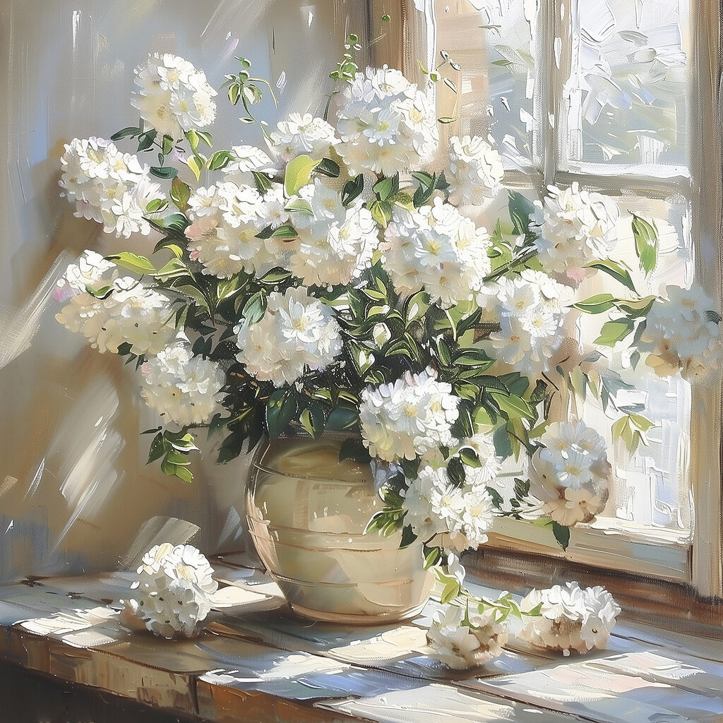 Vase of white flowers in front of a window Vase of white flowers in front of a window