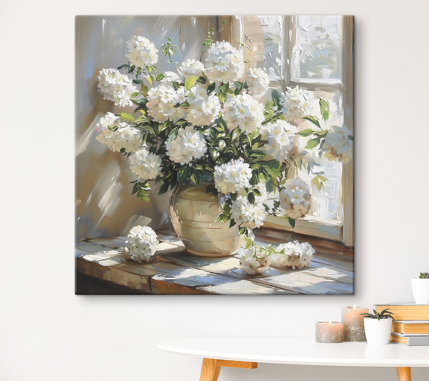 Vase of white flowers in front of a window Vase of white flowers in front of a window
