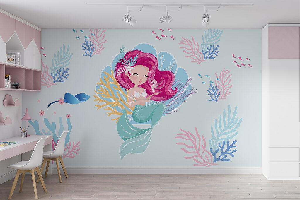 Cartoon mermaid with pink hair and a seahorse Cartoon mermaid with pink hair and a seahorse