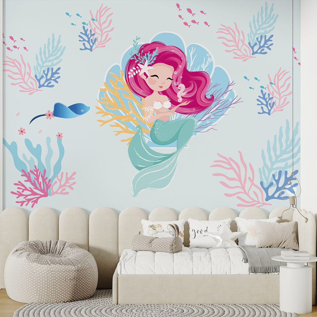 Cartoon mermaid with pink hair and a seahorse Cartoon mermaid with pink hair and a seahorse