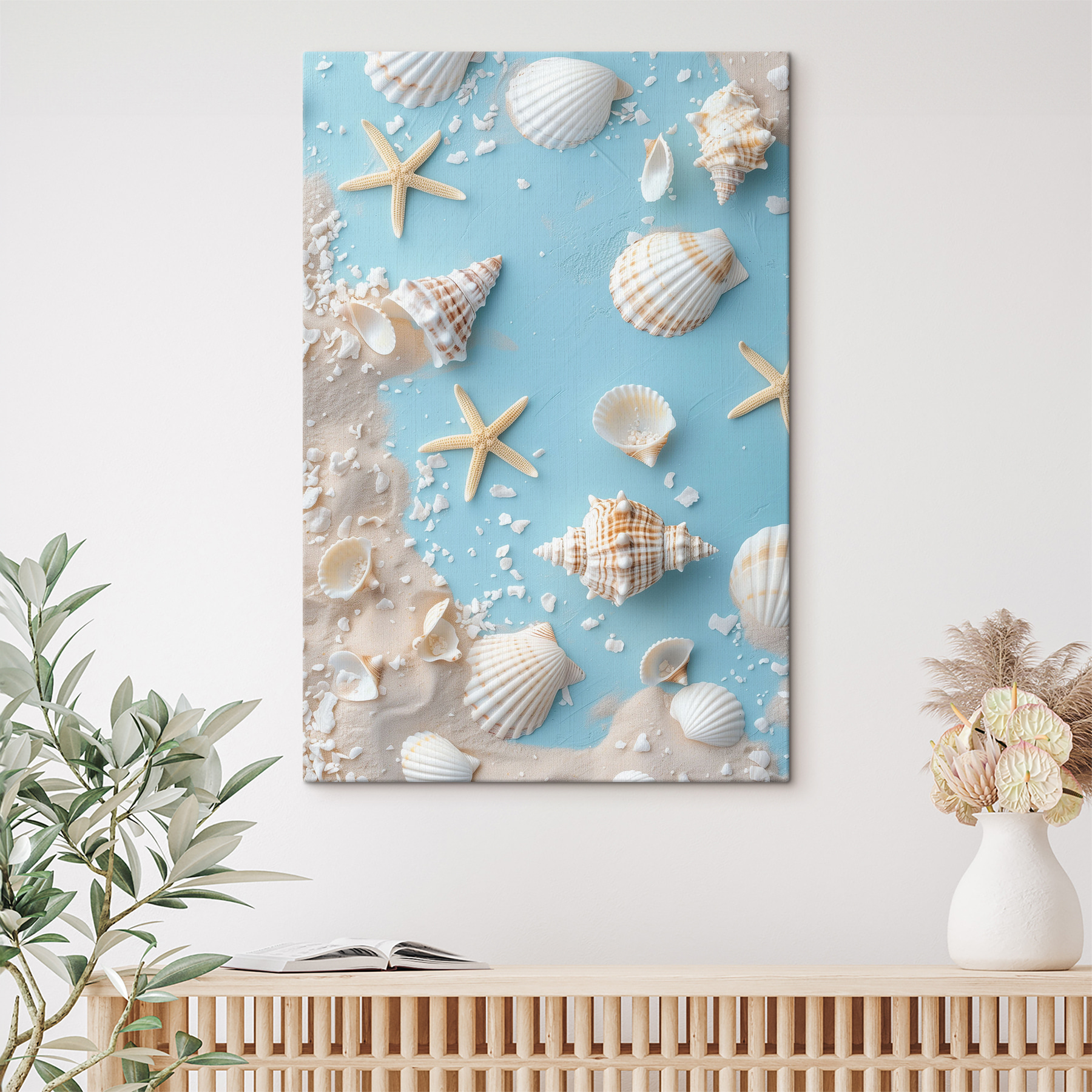 Group of seashells and starfish on sand