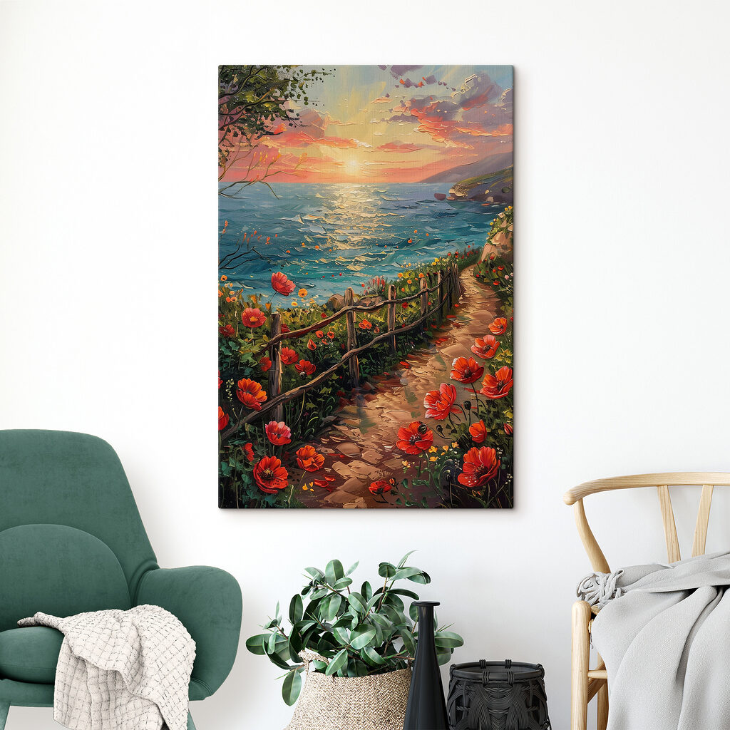 Painting of a path by the water with flowers