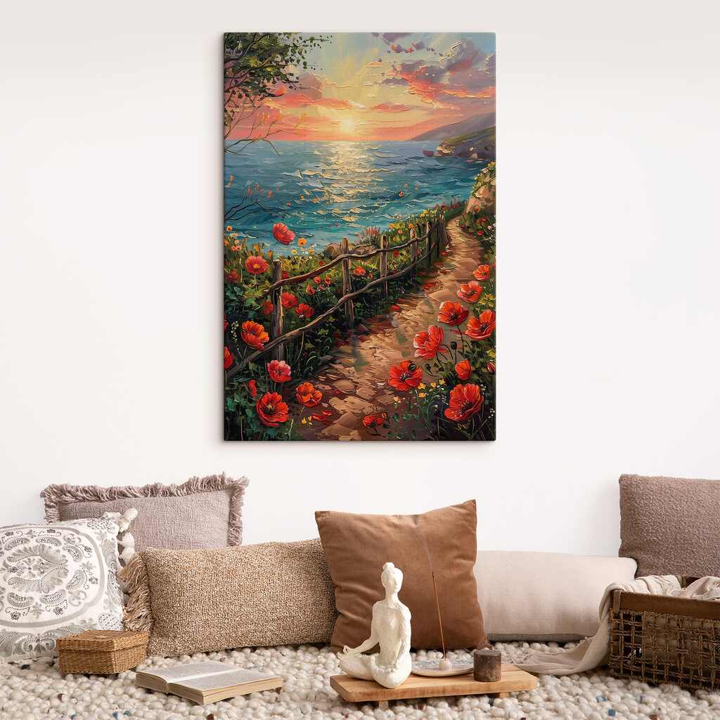 Painting of a path by the water with flowers