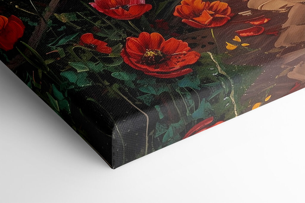 Painting of a path by the water with flowers