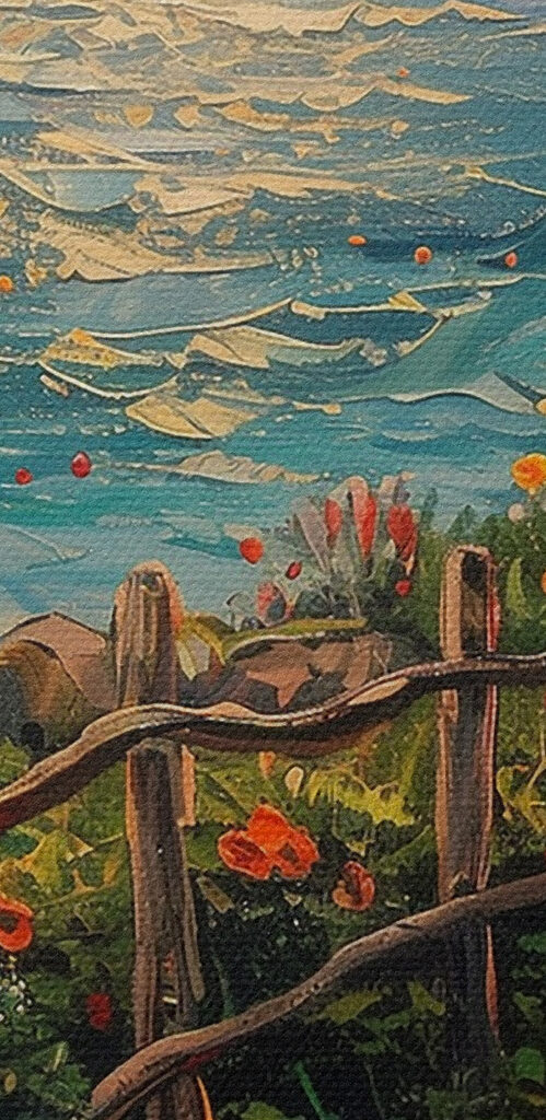 Painting of a path by the water with flowers
