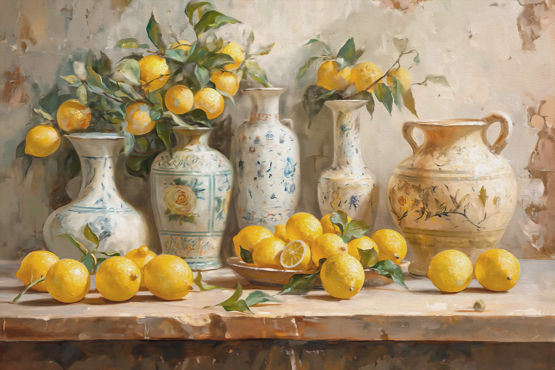 Painting of lemons and vases on a table