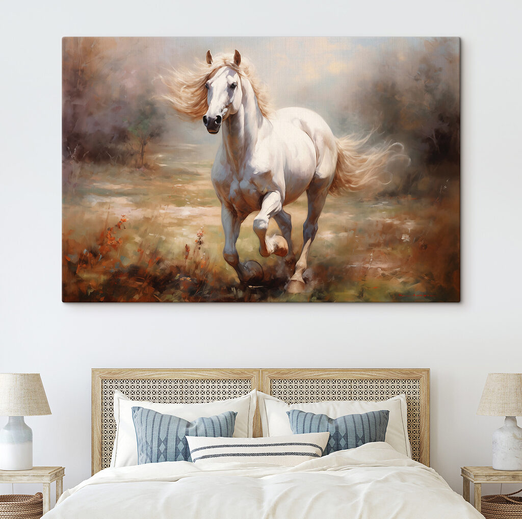 White horse running in a field White horse running in a field