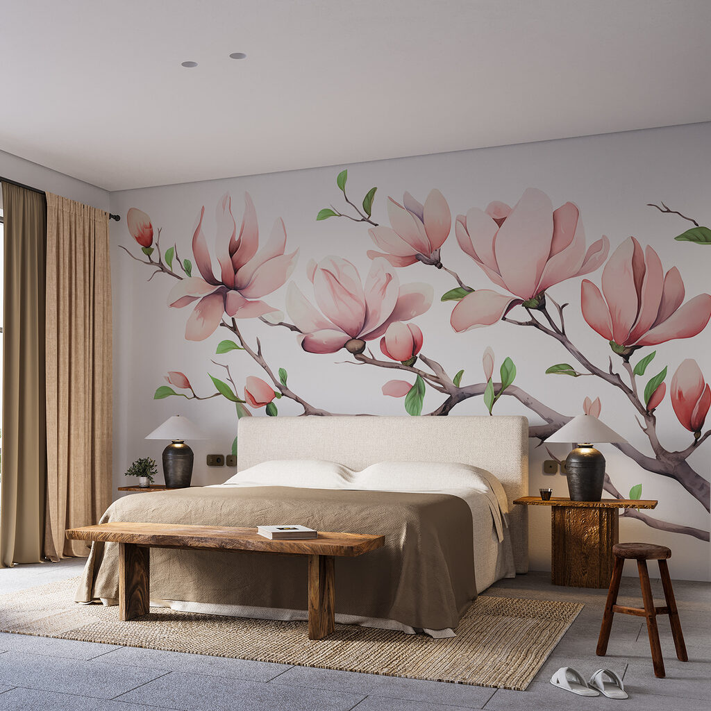 Branch with pink flowers and leaves Branch with pink flowers and leaves