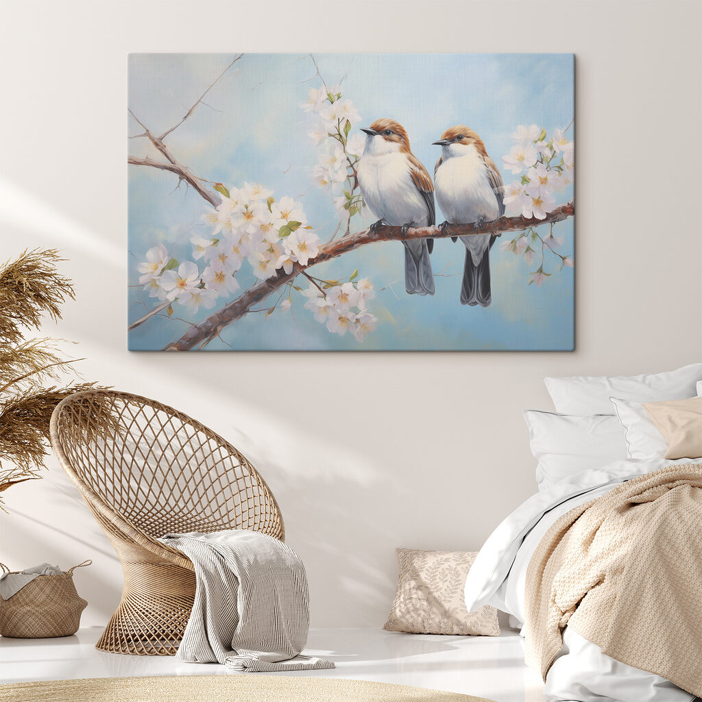 Two birds on a branch with white flowers